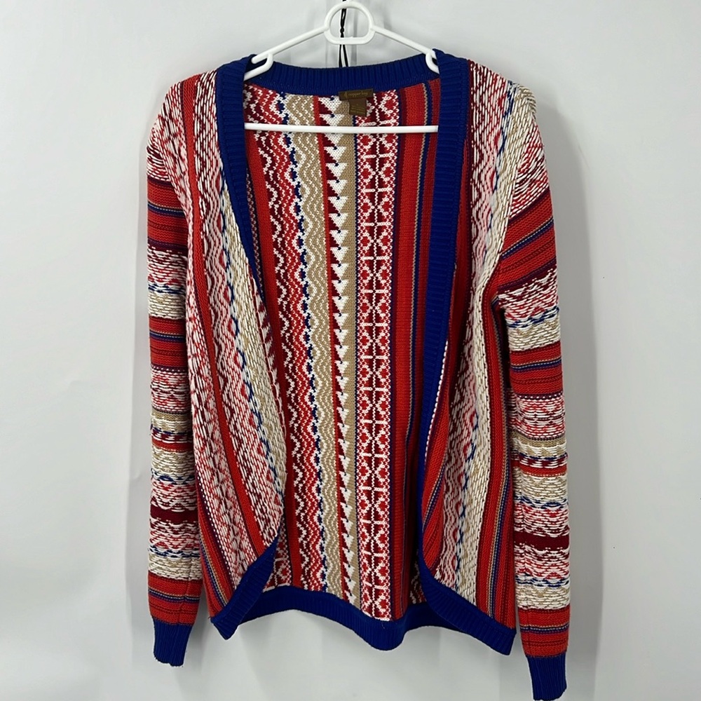 copper key vintage cotton blend open front multi print cardigan sweater L